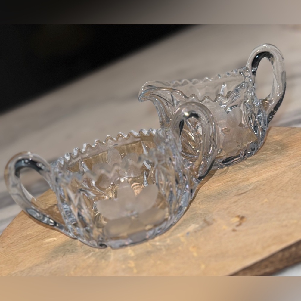 60’s Etched Pressed Glass Cream and Sugar Set